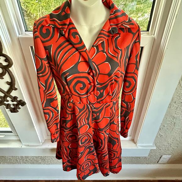 Vintage Eleanor Brenner Couture Orange & Black Mod Print Dress 1970s Size Small - Picture 1 of 16